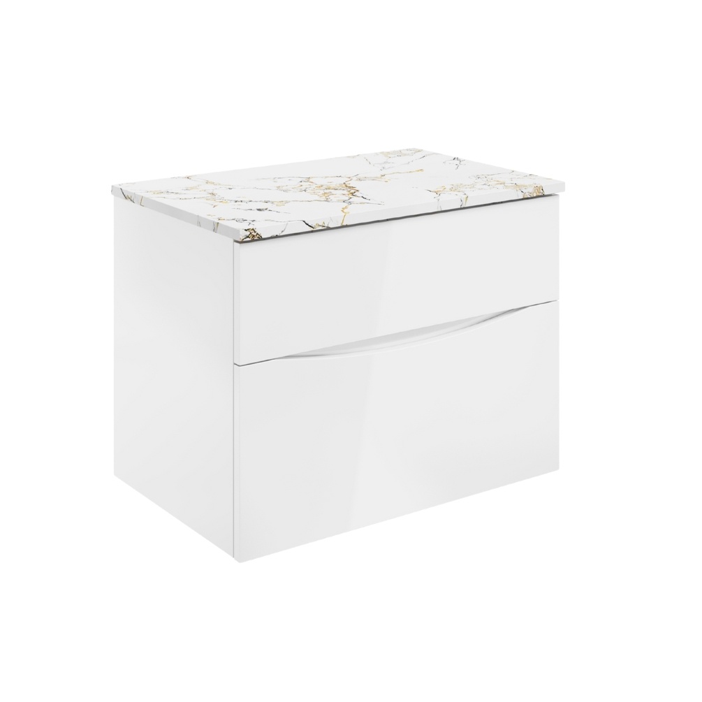 Product Cut out image of the Crosswater Glide II White Gloss 700mm Double Drawer Unit with Gold Vein Worktop